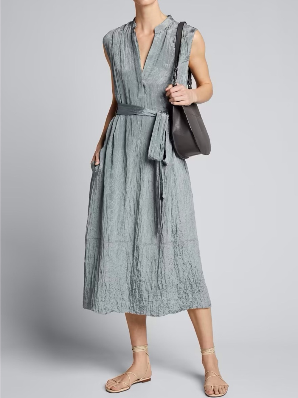 Vince Crinkled Sleeveless Midi Dress in Sage Gray